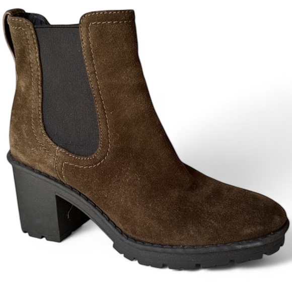 Vince Henderson Chelsea Boot Brown Suede Lug Sole Block Heel Slip On Boho Chic - Picture 1 of 14